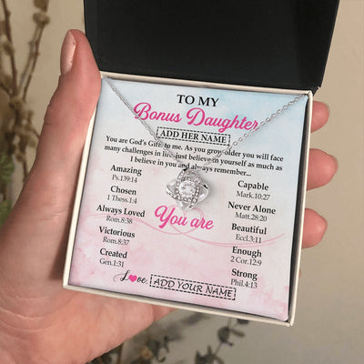 Love Knot Necklace 14K White Gold Finish | 2 | Personalized To My Bonus Daughter Gifts Necklace From Stepmom Christian Religious Jewelry Gifts For Stepdaughter Birthday Christmas Gift Box Message Card | https://teecentury.