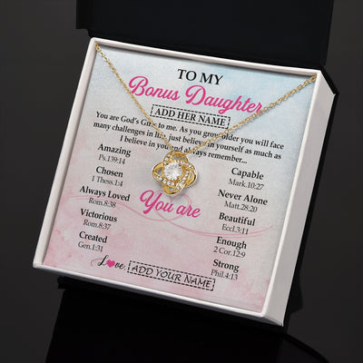 Love Knot Necklace 18K Yellow Gold Finish | 2 | Personalized To My Bonus Daughter Gifts Necklace From Stepmom Christian Religious Jewelry Gifts For Stepdaughter Birthday Christmas Gift Box Message Card | https://teecentury.
