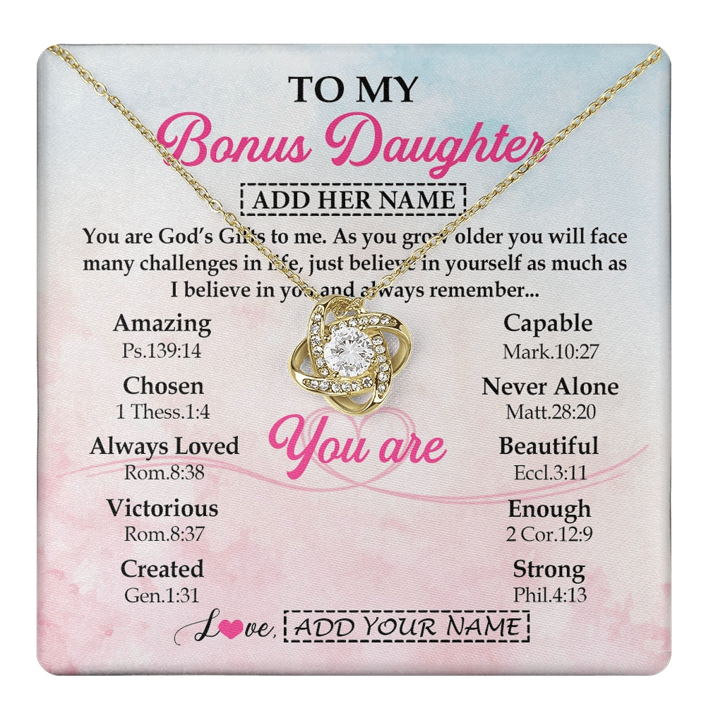 Love Knot Necklace 18K Yellow Gold Finish | 1 | Personalized To My Bonus Daughter Gifts Necklace From Stepmom Christian Religious Jewelry Gifts For Stepdaughter Birthday Christmas Gift Box Message Card | https://teecentury.