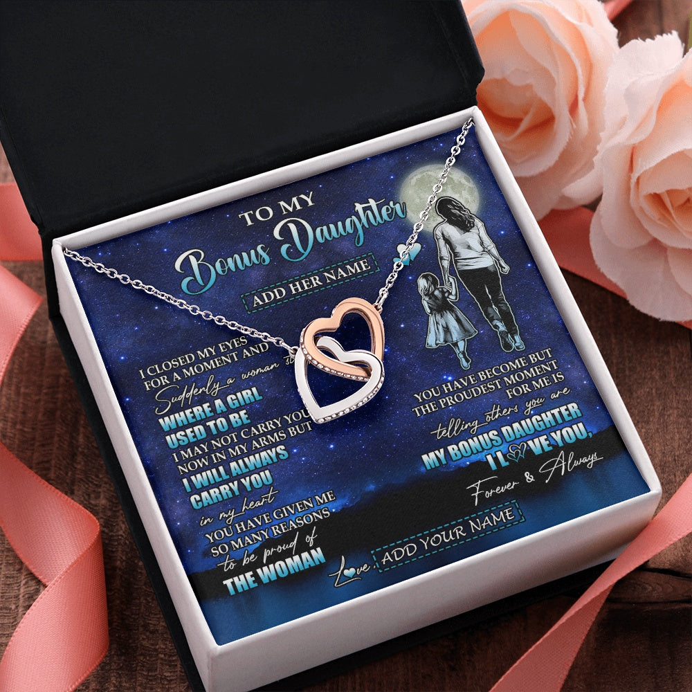 Interlocking Hearts Necklace Stainless Steel & Rose Gold Finish | 2 | Personalized To My Bonus Daughter Gifts Necklace From Stepmom I Closed My Eyes For A Moment Stepdaughter Birthday Graduation Christmas Gift Box Message Card | teecentury.myshopify