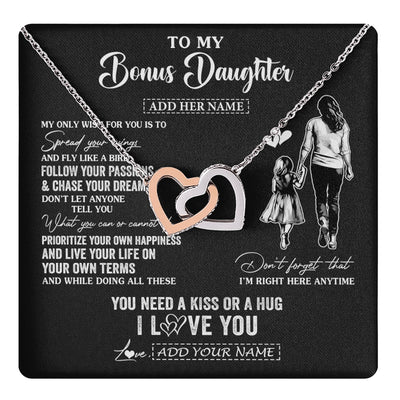 Interlocking Hearts Necklace Stainless Steel & Rose Gold Finish | 1 | Personalized To My Bonus Daughter Gifts Necklace From Stepmom My Only Wish For You Stepdaughter Birthday Gifts Graduation Christmas Gift Box Message Card | teecentury.myshopify