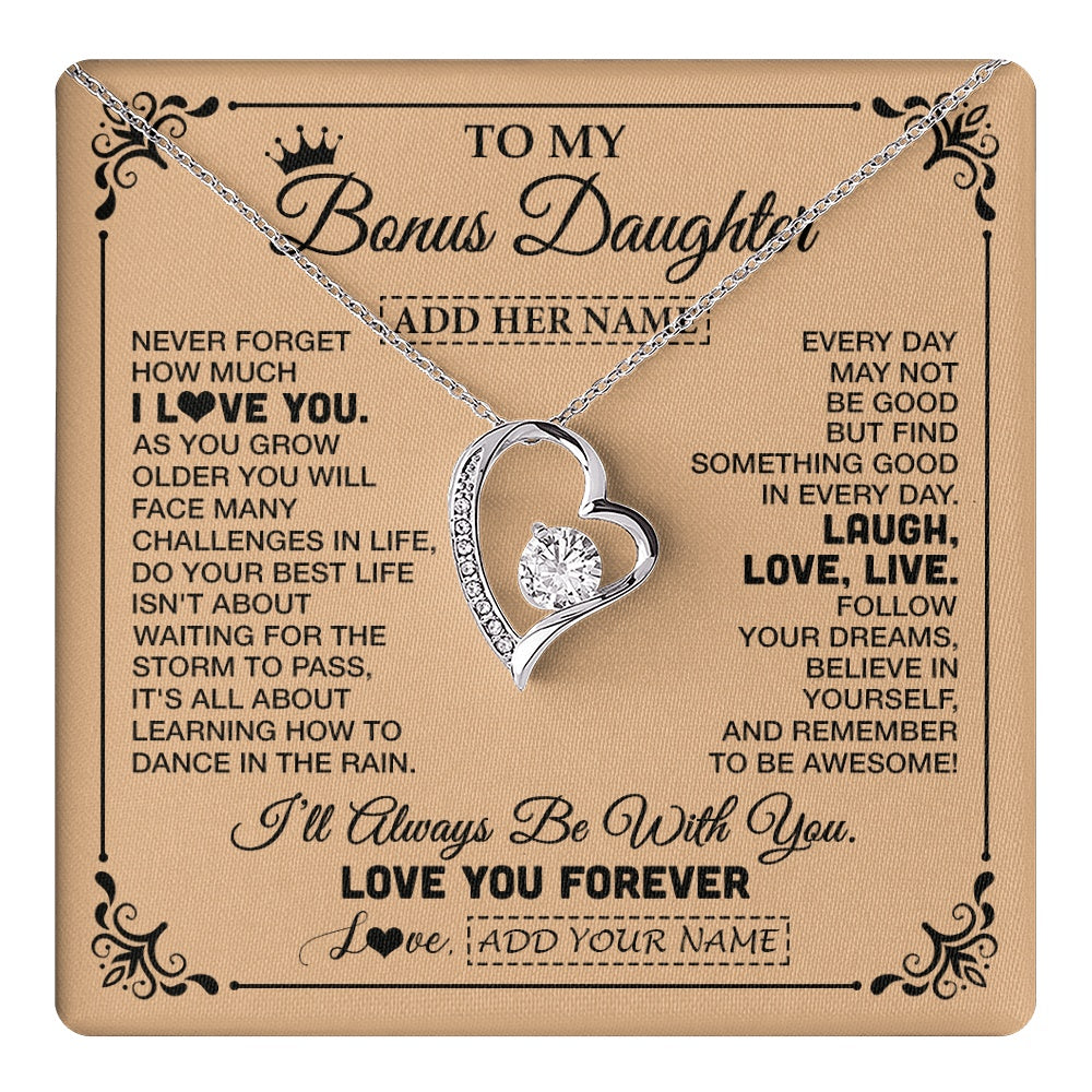 Forever Love Necklace 14K White Gold Finish | 1 | Personalized To My Bonus Daughter Gifts Necklace From Stepmom Never Forget How Much I Love You Stepdaughter Birthday Gifts Christmas Gift Box Message Card | https://teecentury.