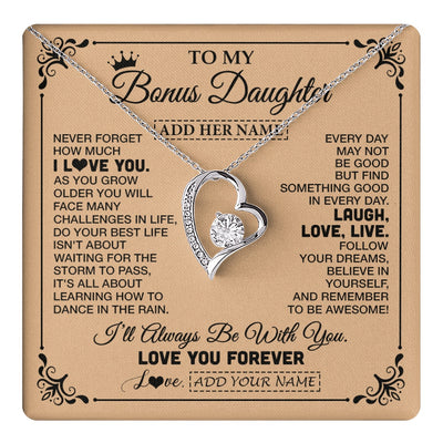 Forever Love Necklace 14K White Gold Finish | 1 | Personalized To My Bonus Daughter Gifts Necklace From Stepmom Never Forget How Much I Love You Stepdaughter Birthday Gifts Christmas Gift Box Message Card | https://teecentury.