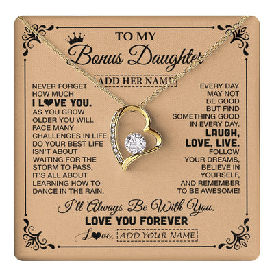 Forever Love Necklace 18K Yellow Gold Finish | 1 | Personalized To My Bonus Daughter Gifts Necklace From Stepmom Never Forget How Much I Love You Stepdaughter Birthday Gifts Christmas Gift Box Message Card | https://teecentury.