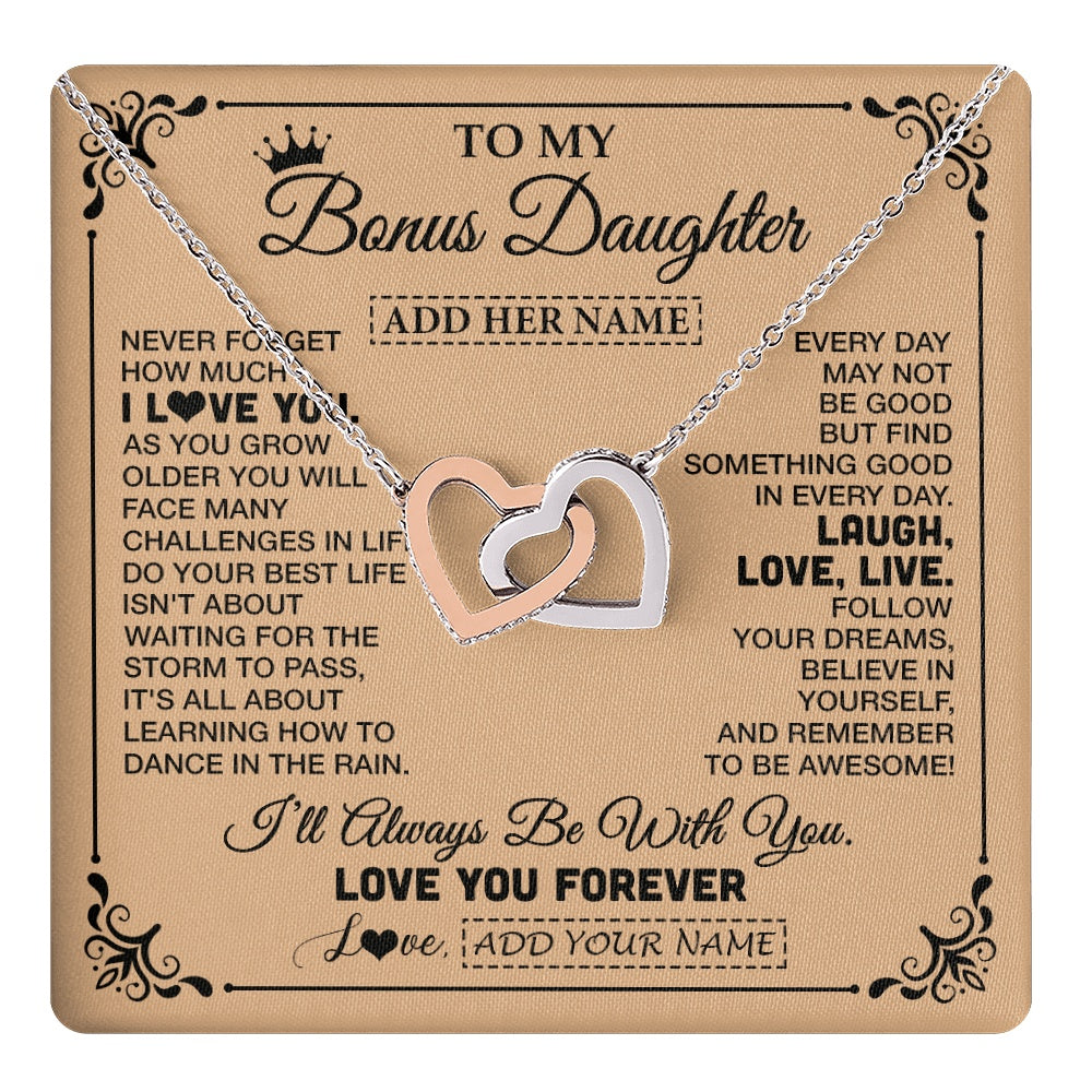 Interlocking Hearts Necklace Stainless Steel & Rose Gold Finish | 1 | Personalized To My Bonus Daughter Gifts Necklace From Stepmom Never Forget How Much I Love You Stepdaughter Birthday Gifts Christmas Gift Box Message Card | https://teecentury.