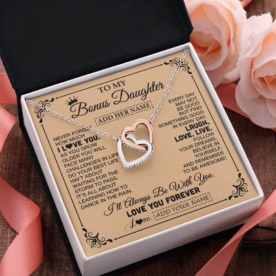 Interlocking Hearts Necklace Stainless Steel & Rose Gold Finish | 2 | Personalized To My Bonus Daughter Gifts Necklace From Stepmom Never Forget How Much I Love You Stepdaughter Birthday Gifts Christmas Gift Box Message Card | https://teecentury.