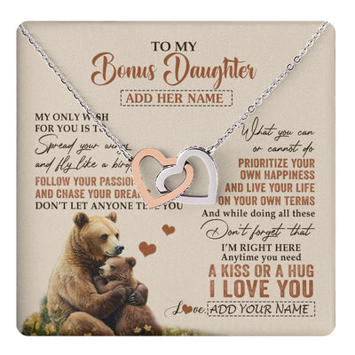 Interlocking Hearts Necklace Stainless Steel & Rose Gold Finish | 1 | Personalized To My Bonus Daughter Gifts Necklace From Stepmom Stepdad Bear My Only Wish For You Stepdaughter Birthday Gifts Christmas Gift Box Message Card | teecentury.myshopify