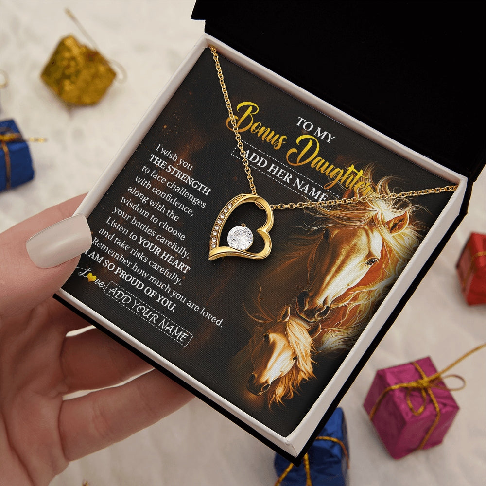 Forever Love Necklace 18K Yellow Gold Finish | 2 | Personalized To My Bonus Daughter Gifts Necklace From Stepmom Stepdad I Wish You The Strength Horse Stepdaughter Birthday Gifts Christmas Gift Box Message Card | https://teecentury.