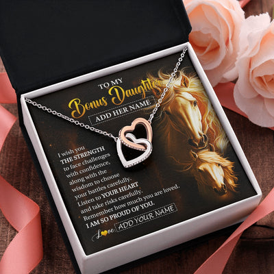Interlocking Hearts Necklace Stainless Steel & Rose Gold Finish | 2 | Personalized To My Bonus Daughter Gifts Necklace From Stepmom Stepdad I Wish You The Strength Horse Stepdaughter Birthday Gifts Christmas Gift Box Message Card | https://teecentury.
