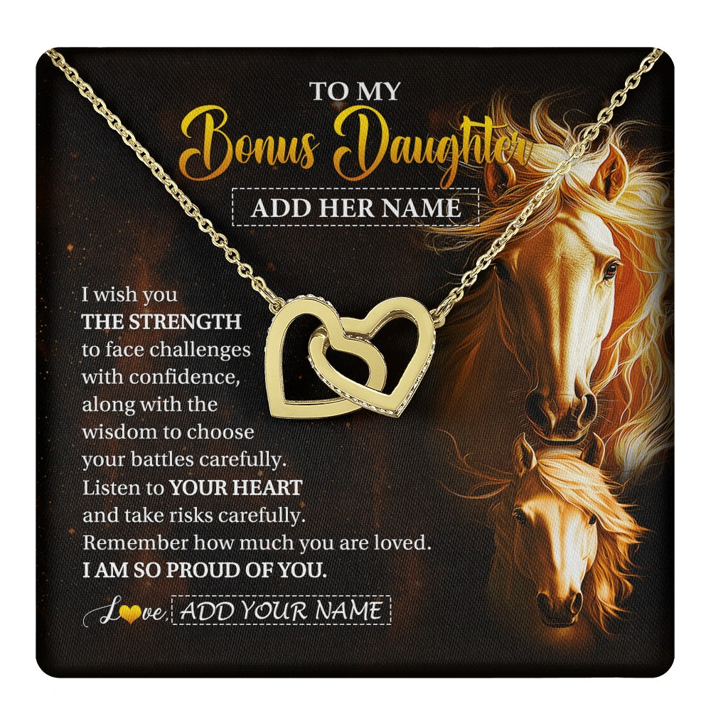 Interlocking Hearts Necklace 18K Yellow Gold Finish | 1 | Personalized To My Bonus Daughter Gifts Necklace From Stepmom Stepdad I Wish You The Strength Horse Stepdaughter Birthday Gifts Christmas Gift Box Message Card | https://teecentury.