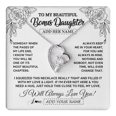 Forever Love Necklace 14K White Gold Finish | 1 | Personalized To My Bonus Daughter Gifts Necklace From Stepmom Stepdad Someday When The Pages Birthday Stepdaughter Christmas Graduation Gift Box Message Card | https://teecentury.