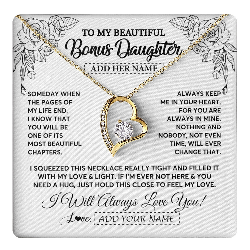 Forever Love Necklace 18K Yellow Gold Finish | 1 | Personalized To My Bonus Daughter Gifts Necklace From Stepmom Stepdad Someday When The Pages Birthday Stepdaughter Christmas Graduation Gift Box Message Card | https://teecentury.