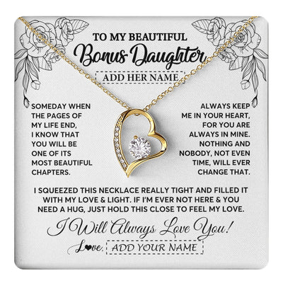 Forever Love Necklace 18K Yellow Gold Finish | 1 | Personalized To My Bonus Daughter Gifts Necklace From Stepmom Stepdad Someday When The Pages Birthday Stepdaughter Christmas Graduation Gift Box Message Card | https://teecentury.