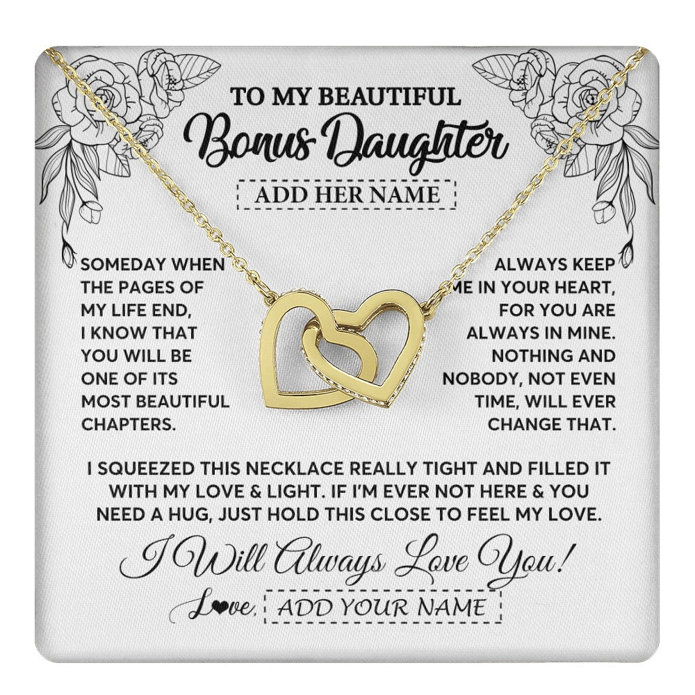 Interlocking Hearts Necklace 18K Yellow Gold Finish | 1 | Personalized To My Bonus Daughter Gifts Necklace From Stepmom Stepdad Someday When The Pages Birthday Stepdaughter Christmas Graduation Gift Box Message Card | https://teecentury.