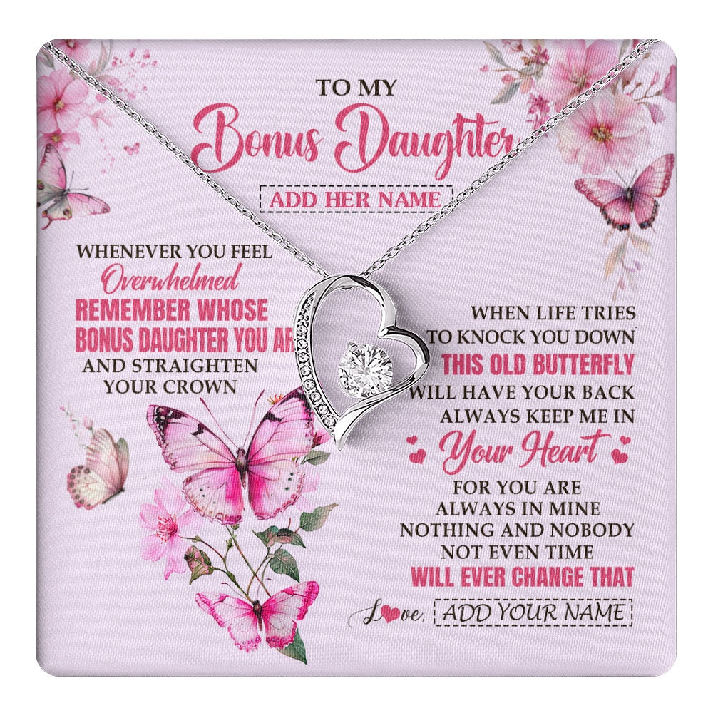 Forever Love Necklace 14K White Gold Finish | 1 | Personalized To My Bonus Daughter Gifts Necklace From Stepmom Whenever Butterfly Unique Birthday Gifts Stepdaughter Graduation Christmas Gift Box Message Card | teecentury.myshopify
