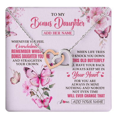 Interlocking Hearts Necklace Stainless Steel & Rose Gold Finish | 1 | Personalized To My Bonus Daughter Gifts Necklace From Stepmom Whenever Butterfly Unique Birthday Gifts Stepdaughter Graduation Christmas Gift Box Message Card | teecentury.myshopify