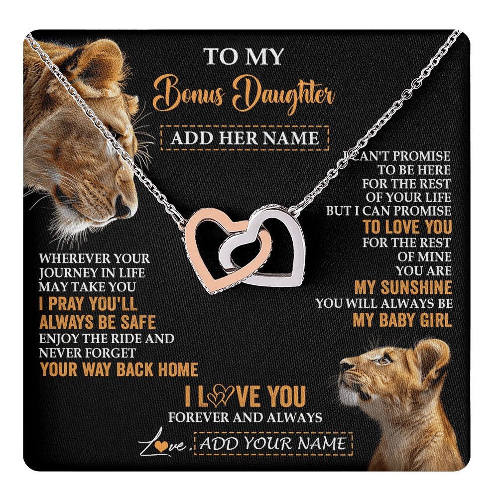 Interlocking Hearts Necklace Stainless Steel & Rose Gold Finish | 1 | Personalized To My Bonus Daughter Gifts Necklace From Stepmom Wherever Your Journey In Life Lion Stepdaughter Birthday Gifts Christmas Gift Box Message Card | https://teecentury.