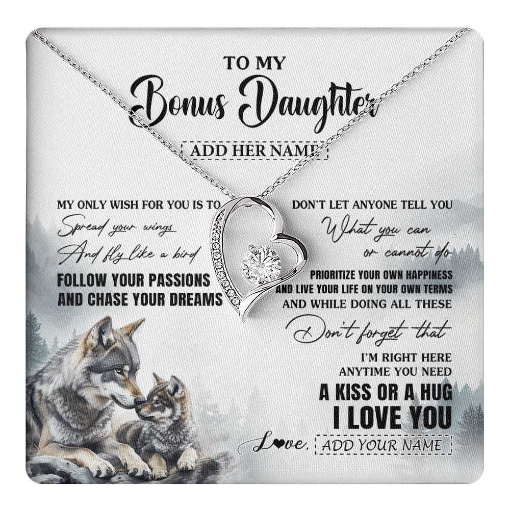 Forever Love Necklace 14K White Gold Finish | 1 | Personalized To My Bonus Daughter Gifts Necklace From Stepmom Wolf My Only Wish For You Stepdaughter Birthday Gifts Graduation Christmas Gift Box Message Card | https://teecentury.