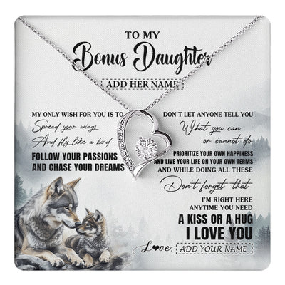 Forever Love Necklace 14K White Gold Finish | 1 | Personalized To My Bonus Daughter Gifts Necklace From Stepmom Wolf My Only Wish For You Stepdaughter Birthday Gifts Graduation Christmas Gift Box Message Card | https://teecentury.