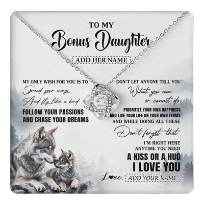 Love Knot Necklace 14K White Gold Finish | 1 | Personalized To My Bonus Daughter Gifts Necklace From Stepmom Wolf My Only Wish For You Stepdaughter Birthday Gifts Graduation Christmas Gift Box Message Card | https://teecentury.