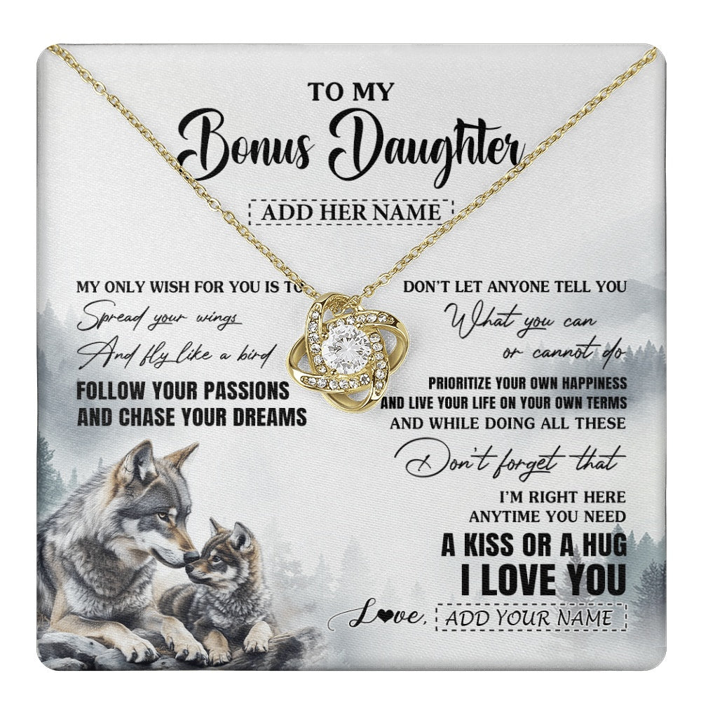 Love Knot Necklace 18K Yellow Gold Finish | 1 | Personalized To My Bonus Daughter Gifts Necklace From Stepmom Wolf My Only Wish For You Stepdaughter Birthday Gifts Graduation Christmas Gift Box Message Card | https://teecentury.