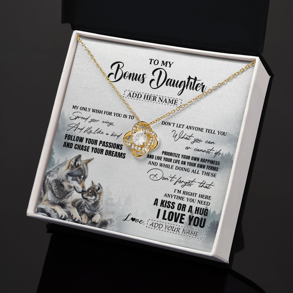 Love Knot Necklace 18K Yellow Gold Finish | 2 | Personalized To My Bonus Daughter Gifts Necklace From Stepmom Wolf My Only Wish For You Stepdaughter Birthday Gifts Graduation Christmas Gift Box Message Card | https://teecentury.