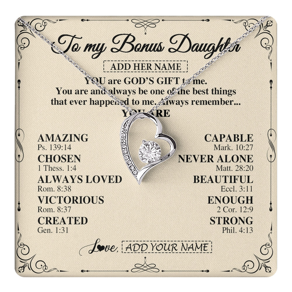 Forever Love Necklace 14K White Gold Finish | 1 | Personalized To My Bonus Daughter Gifts Necklace From Stepmom You Are God's Gift To Me Stepdaughter Birthday Gifts Christmas Christian Gift Box Message Card | https://teecentury.
