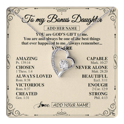 Forever Love Necklace 14K White Gold Finish | 1 | Personalized To My Bonus Daughter Gifts Necklace From Stepmom You Are God's Gift To Me Stepdaughter Birthday Gifts Christmas Christian Gift Box Message Card | https://teecentury.