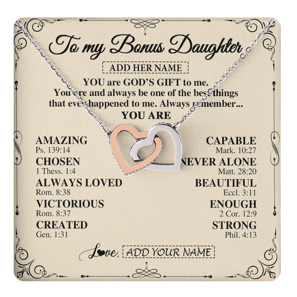 Interlocking Hearts Necklace Stainless Steel & Rose Gold Finish | 1 | Personalized To My Bonus Daughter Gifts Necklace From Stepmom You Are God's Gift To Me Stepdaughter Birthday Gifts Christmas Christian Gift Box Message Card | https://teecentury.