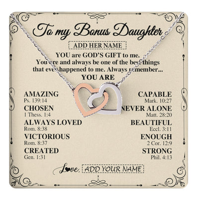 Interlocking Hearts Necklace Stainless Steel & Rose Gold Finish | 1 | Personalized To My Bonus Daughter Gifts Necklace From Stepmom You Are God's Gift To Me Stepdaughter Birthday Gifts Christmas Christian Gift Box Message Card | https://teecentury.