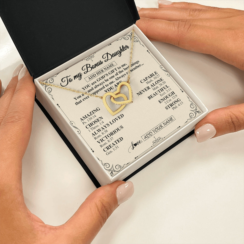 Interlocking Hearts Necklace 18K Yellow Gold Finish | 2 | Personalized To My Bonus Daughter Gifts Necklace From Stepmom You Are God's Gift To Me Stepdaughter Birthday Gifts Christmas Christian Gift Box Message Card | https://teecentury.