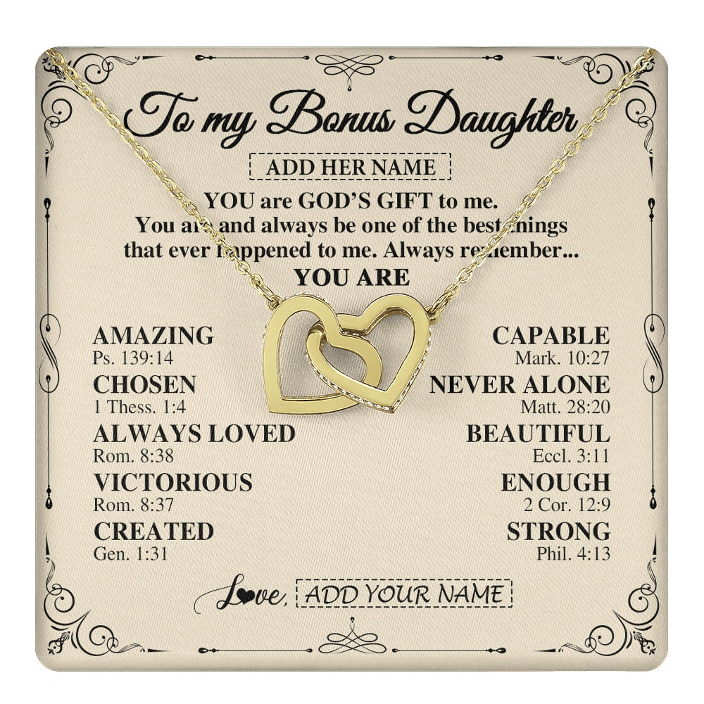 Interlocking Hearts Necklace 18K Yellow Gold Finish | 1 | Personalized To My Bonus Daughter Gifts Necklace From Stepmom You Are God's Gift To Me Stepdaughter Birthday Gifts Christmas Christian Gift Box Message Card | https://teecentury.