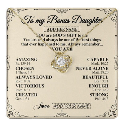 Love Knot Necklace 18K Yellow Gold Finish | 1 | Personalized To My Bonus Daughter Gifts Necklace From Stepmom You Are God's Gift To Me Stepdaughter Birthday Gifts Christmas Christian Gift Box Message Card | https://teecentury.