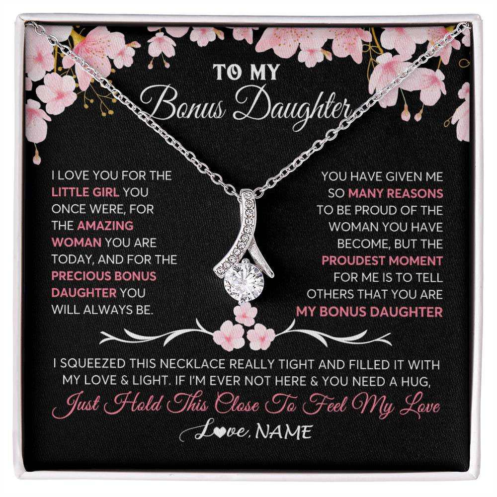 Alluring Beauty Necklace 14K White Gold Finish | 1 | Personalized To My Bonus Daughter Gifts Necklace From Stepmother Love Precious Bonus Daughter Birthday Graduation Christmas Customized Gift Box Message Card | teecentury