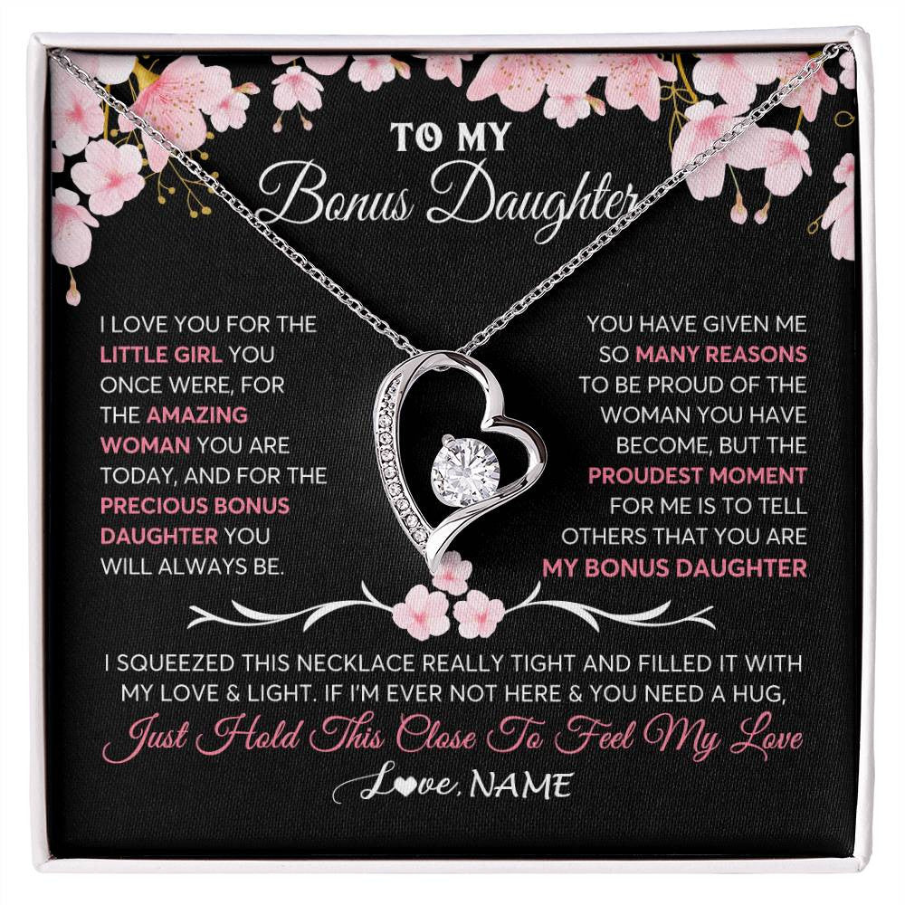 Forever Love Necklace 14K White Gold Finish | 1 | Personalized To My Bonus Daughter Gifts Necklace From Stepmother Love Precious Bonus Daughter Birthday Graduation Christmas Customized Gift Box Message Card | teecentury