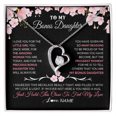 Forever Love Necklace 14K White Gold Finish | 1 | Personalized To My Bonus Daughter Gifts Necklace From Stepmother Love Precious Bonus Daughter Birthday Graduation Christmas Customized Gift Box Message Card | teecentury