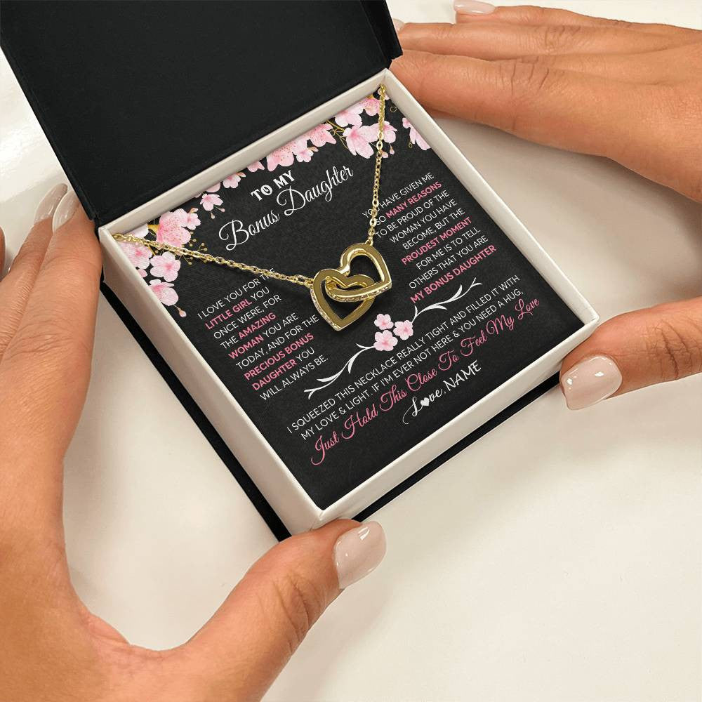 Interlocking Hearts Necklace 18K Yellow Gold Finish | 2 | Personalized To My Bonus Daughter Gifts Necklace From Stepmother Love Precious Bonus Daughter Birthday Graduation Christmas Customized Gift Box Message Card | teecentury