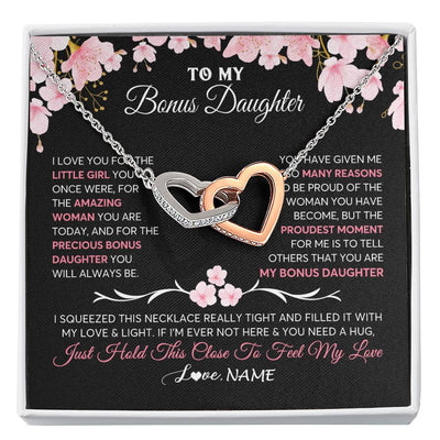 Interlocking Hearts Necklace Stainless Steel & Rose Gold Finish | 1 | Personalized To My Bonus Daughter Gifts Necklace From Stepmother Love Precious Bonus Daughter Birthday Graduation Christmas Customized Gift Box Message Card | teecentury