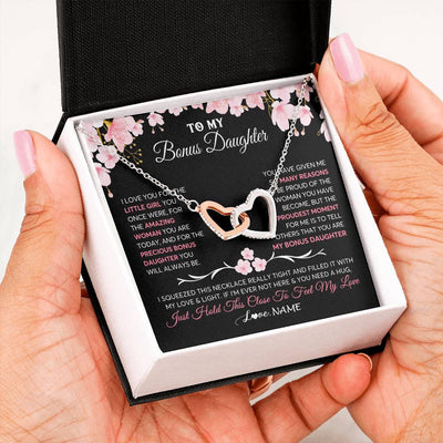 Interlocking Hearts Necklace Stainless Steel & Rose Gold Finish | 2 | Personalized To My Bonus Daughter Gifts Necklace From Stepmother Love Precious Bonus Daughter Birthday Graduation Christmas Customized Gift Box Message Card | teecentury