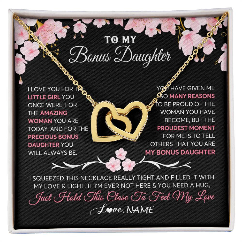 Interlocking Hearts Necklace 18K Yellow Gold Finish | 1 | Personalized To My Bonus Daughter Gifts Necklace From Stepmother Love Precious Bonus Daughter Birthday Graduation Christmas Customized Gift Box Message Card | teecentury