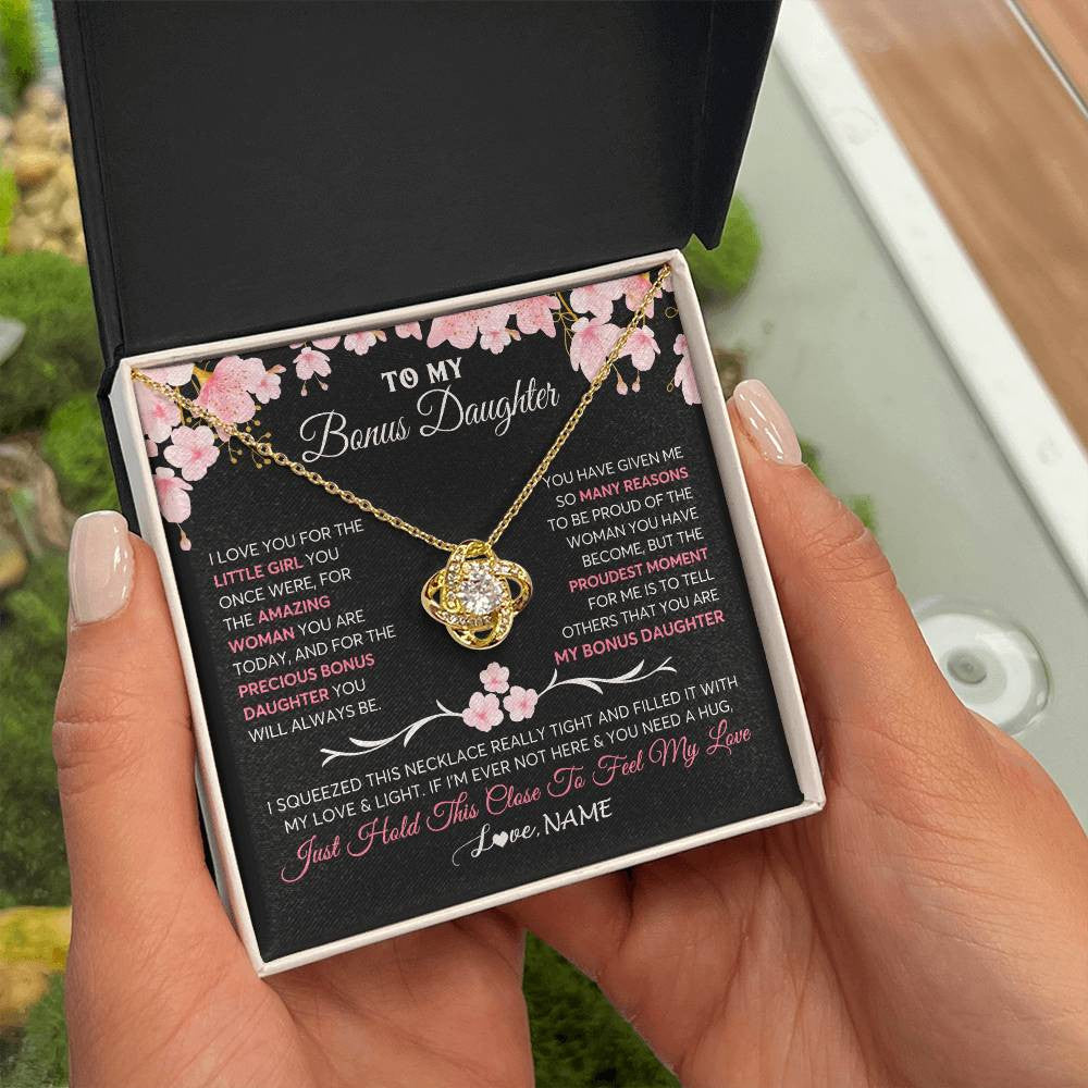 Love Knot Necklace 18K Yellow Gold Finish | 2 | Personalized To My Bonus Daughter Gifts Necklace From Stepmother Love Precious Bonus Daughter Birthday Graduation Christmas Customized Gift Box Message Card | teecentury
