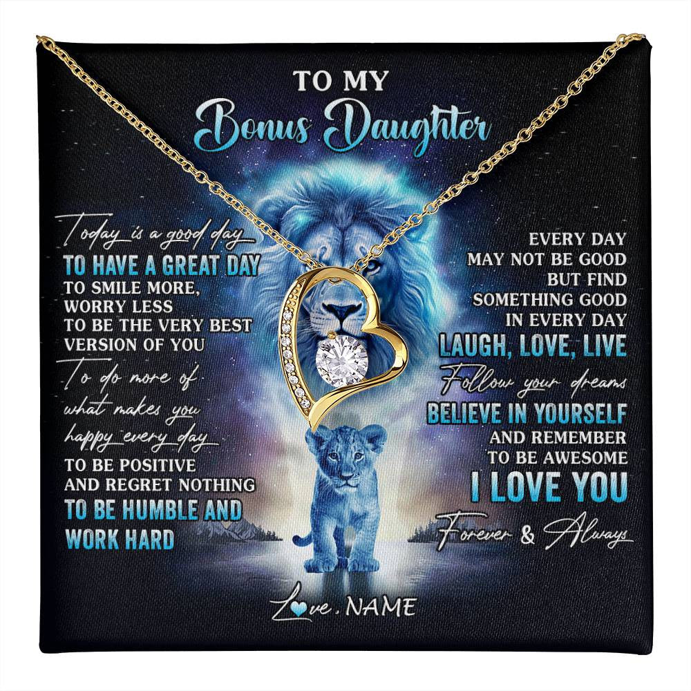 Forever Love Necklace 18K Yellow Gold Finish | 1 | Personalized To My Bonus Daughter Lion Necklace From Stepdad Every Day Laugh Love Live Stepdaughter Birthday Christmas Customized Gift Box Message Card | teecentury