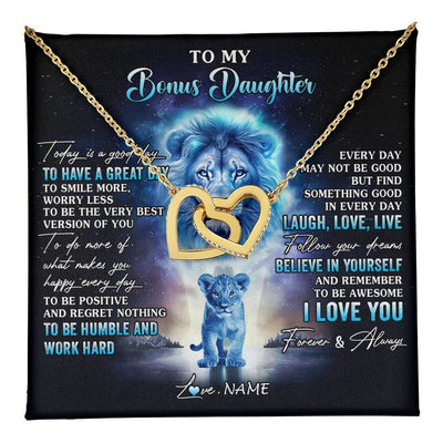 Interlocking Hearts Necklace 18K Yellow Gold Finish | 1 | Personalized To My Bonus Daughter Lion Necklace From Stepdad Every Day Laugh Love Live Stepdaughter Birthday Christmas Customized Gift Box Message Card | teecentury
