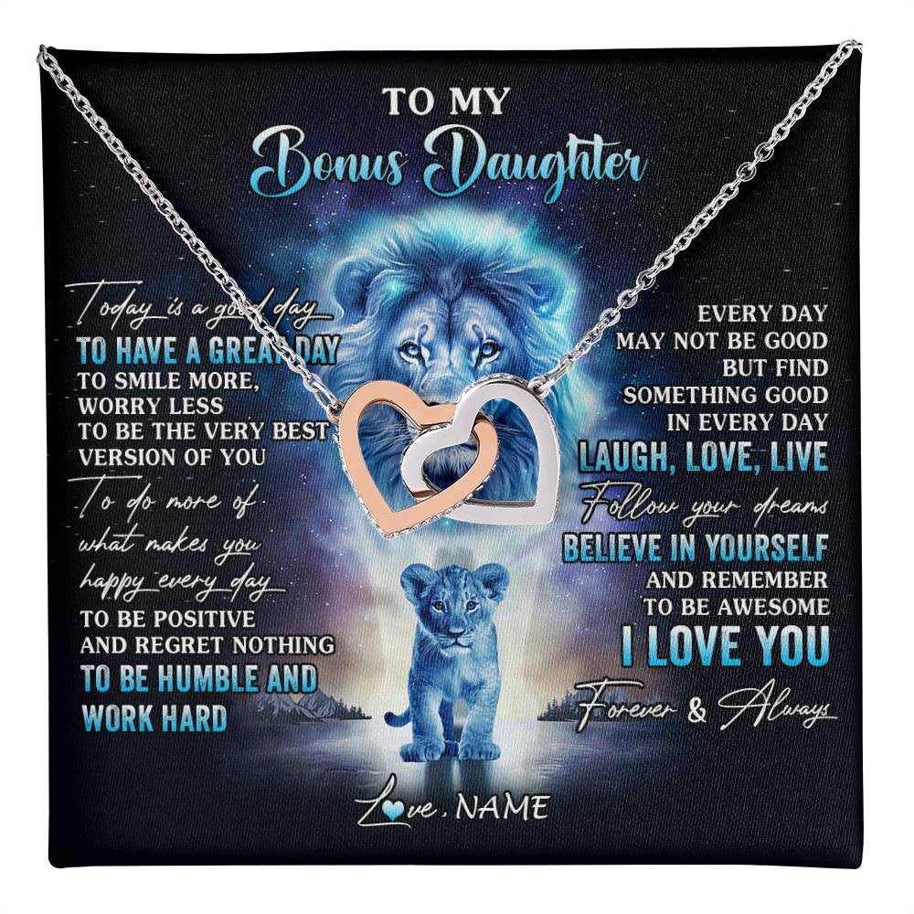 Interlocking Hearts Necklace Stainless Steel & Rose Gold Finish | 1 | Personalized To My Bonus Daughter Lion Necklace From Stepdad Every Day Laugh Love Live Stepdaughter Birthday Christmas Customized Gift Box Message Card | teecentury