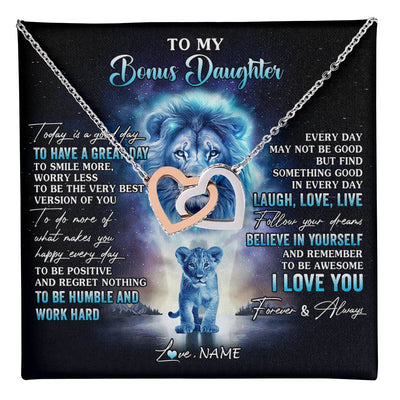 Interlocking Hearts Necklace Stainless Steel & Rose Gold Finish | 1 | Personalized To My Bonus Daughter Lion Necklace From Stepdad Every Day Laugh Love Live Stepdaughter Birthday Christmas Customized Gift Box Message Card | teecentury