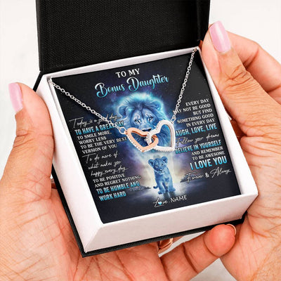 Interlocking Hearts Necklace Stainless Steel & Rose Gold Finish | 2 | Personalized To My Bonus Daughter Lion Necklace From Stepdad Every Day Laugh Love Live Stepdaughter Birthday Christmas Customized Gift Box Message Card | teecentury