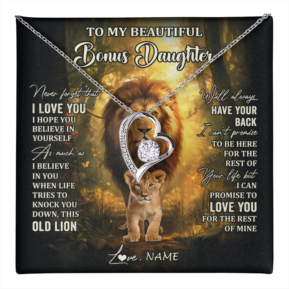 Forever Love Necklace 14K White Gold Finish | 1 | Personalized To My Bonus Daughter Lion Necklace From Stepdad Never Forget That I Love You Stepdaughter Birthday Christmas Customized Gift Box Message Card | teecentury