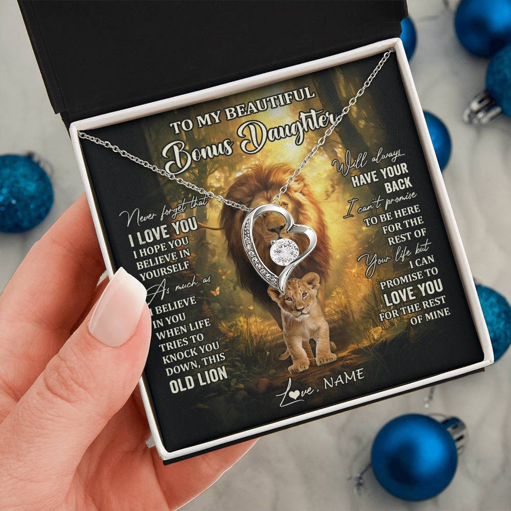 Forever Love Necklace 14K White Gold Finish | 2 | Personalized To My Bonus Daughter Lion Necklace From Stepdad Never Forget That I Love You Stepdaughter Birthday Christmas Customized Gift Box Message Card | teecentury
