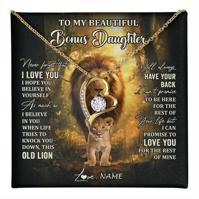 Forever Love Necklace 18K Yellow Gold Finish | 1 | Personalized To My Bonus Daughter Lion Necklace From Stepdad Never Forget That I Love You Stepdaughter Birthday Christmas Customized Gift Box Message Card | teecentury
