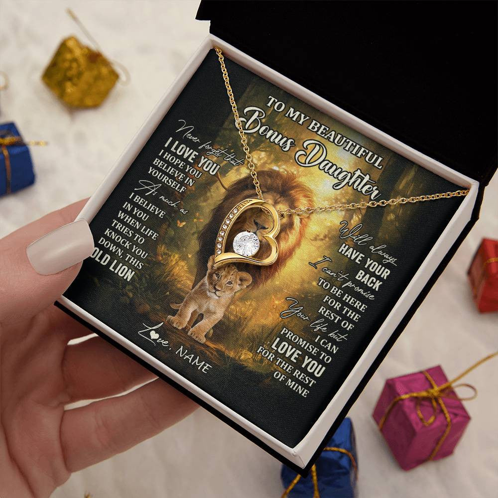 Forever Love Necklace 18K Yellow Gold Finish | 2 | Personalized To My Bonus Daughter Lion Necklace From Stepdad Never Forget That I Love You Stepdaughter Birthday Christmas Customized Gift Box Message Card | teecentury